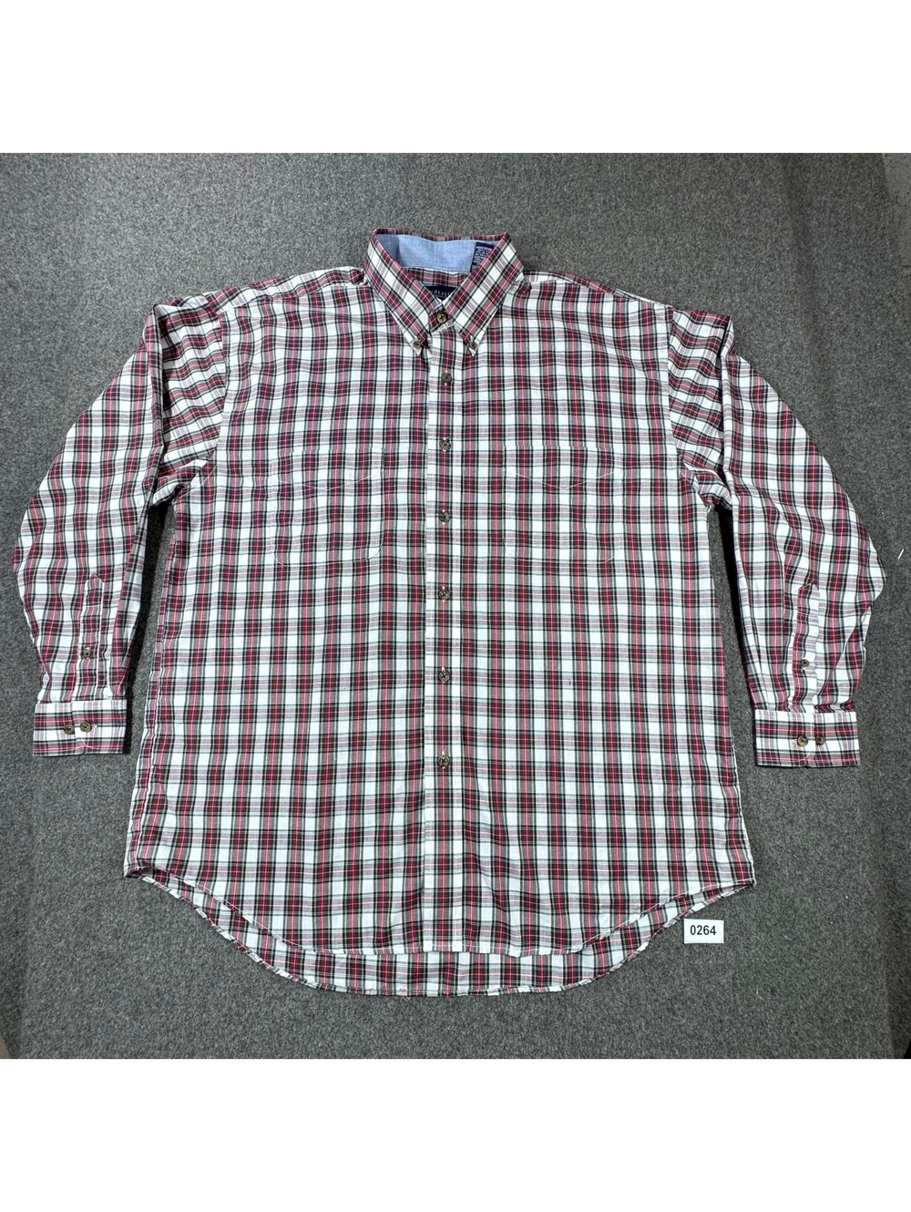 Men's Long Sleeve Button-Down Plaid Shirt in Red, White, and Black, Size Large